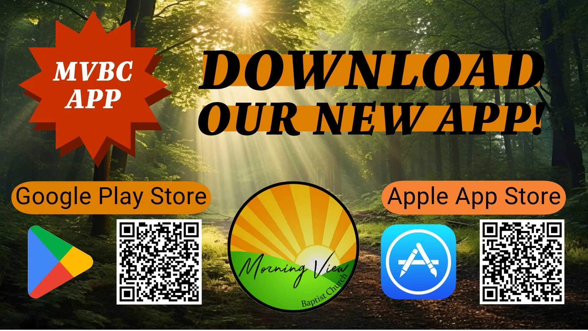 Download the MVBC App via Apple App Store or Google Play Store